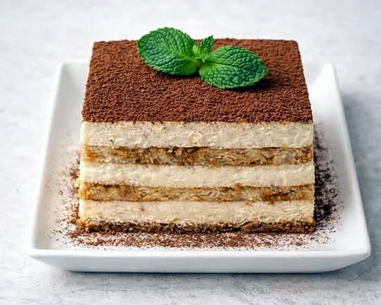 Slice of classic tiramisu dusted with cocoa
